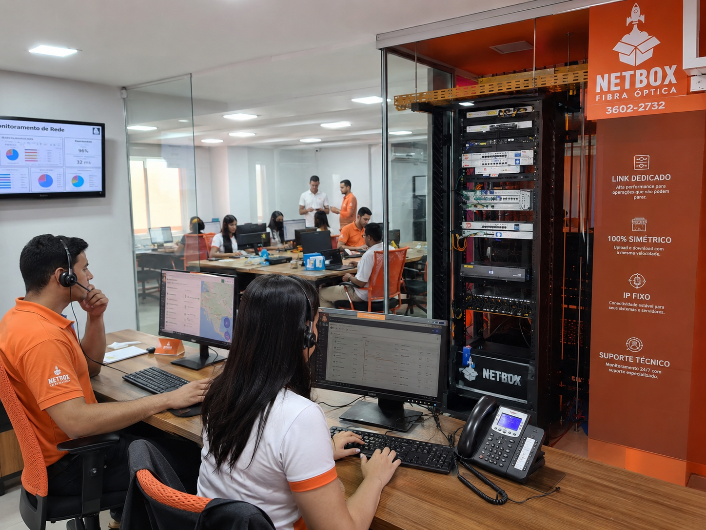 Equipamentos de rede conectados por fibra óptica
